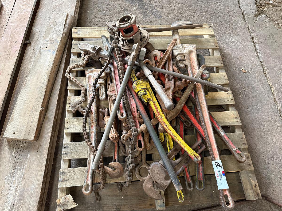 Used 18” EATON AIR FLEX CLUTCH DISC, PALLET OF (12+) 24”-48” RIGID PIPE WRENCHES, GAS POWERED SMALL TRIPLEX PUMP ON CART