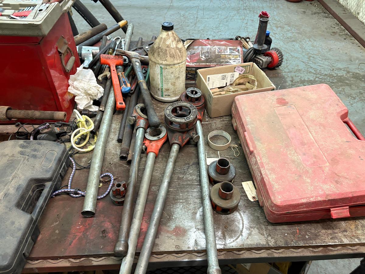 Used 98” x 52” x 36” shop table w/ contents
