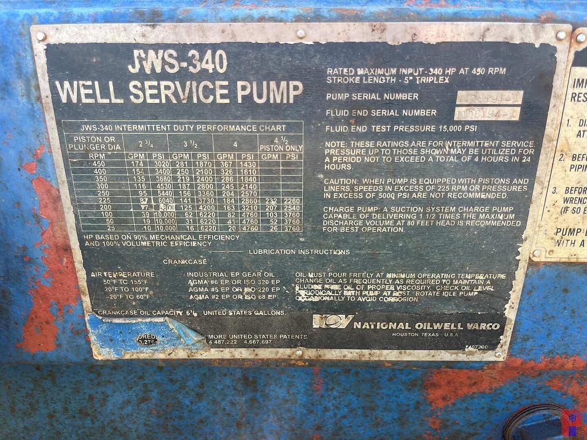 Used JWS-340 5K TRIPLEX WELL SERVICE PUMP P/B DETROIT SERIES 60 ALLISON HT750