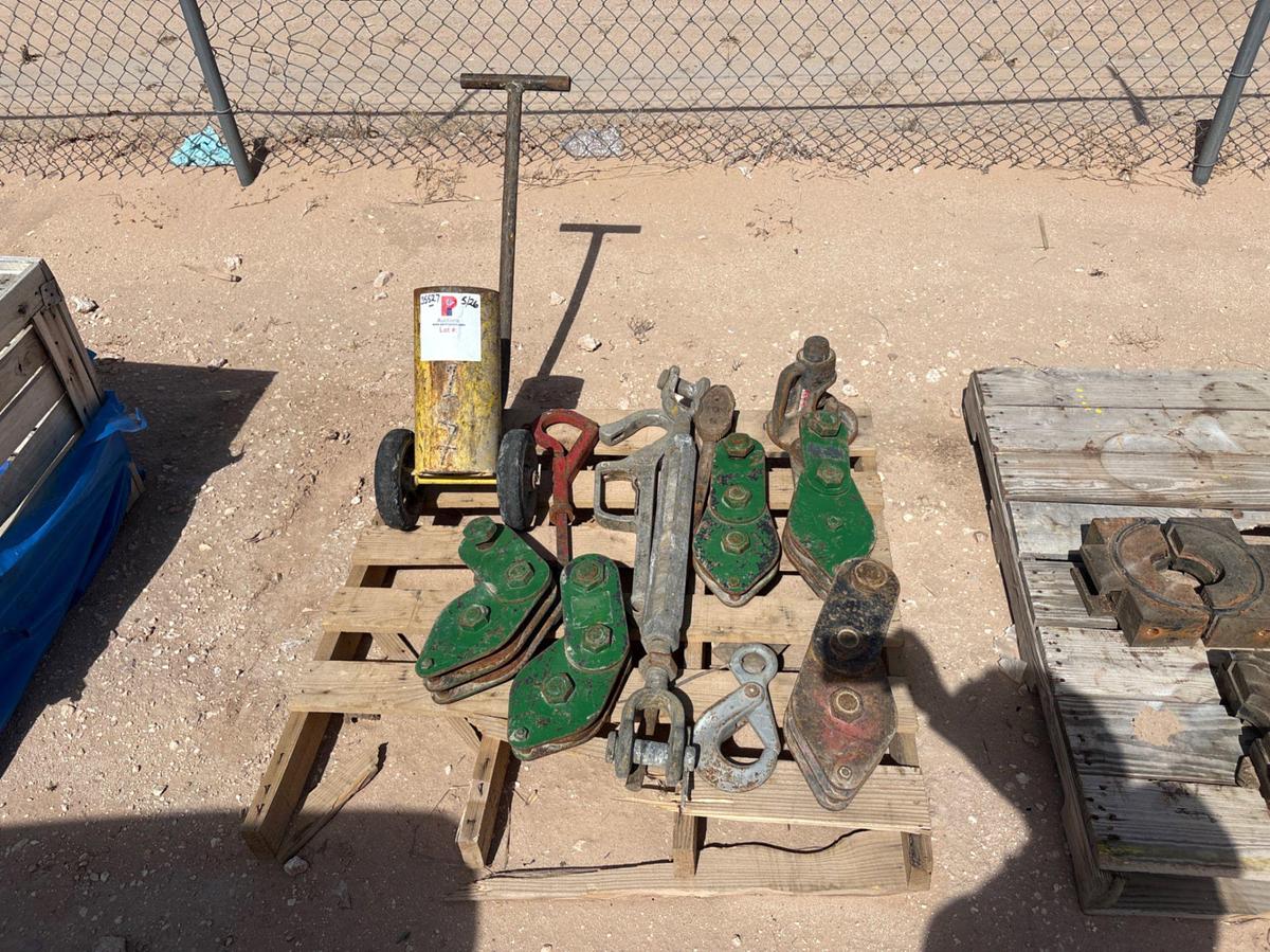 Used Pallet w/ (5) snatch blocks, tool dolly, cable cutter, & turnbuckle