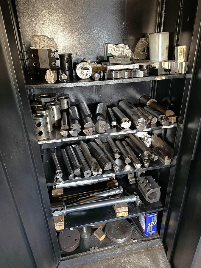 Used CABINET w/ 30+) CNC LATHE CUTTING TOOLS, ADAPTERS, JAWS, BARS, & RELATED