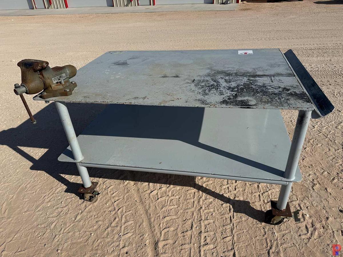 Used 6’ L X 4’ W X 3.3’H ROLLING WORK TABLE W/ WILTON 6-1/2” VICE