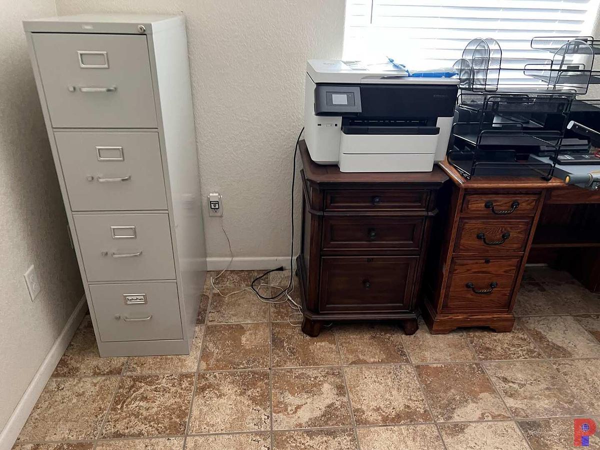 Used CONTENTS OF OFFICE THAT INCLUDE 30"X62" WOOD DESK, L-SHAPED WOOD DESK, & SEE DETAILS