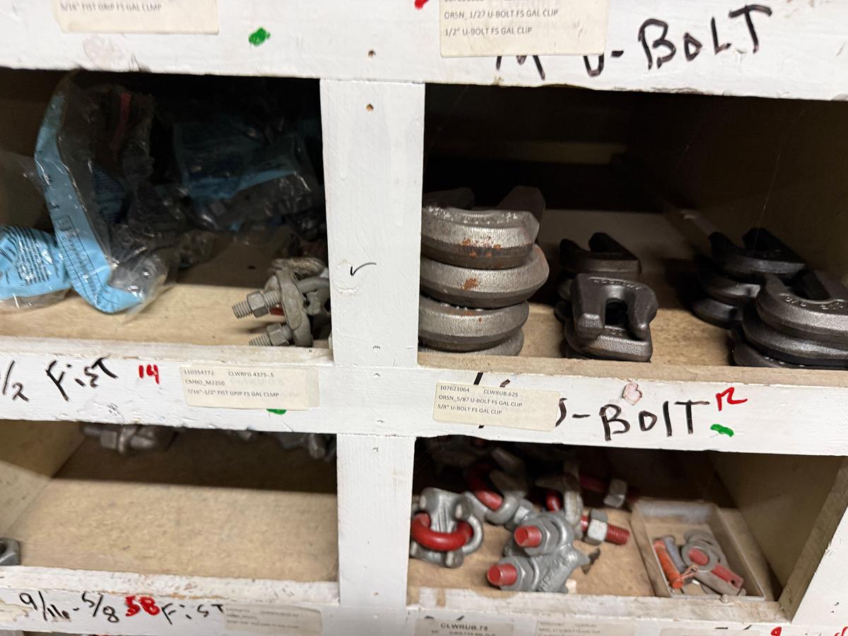 Used SECTION OF (50+)1/4” THRU 3/8” FIST GRIP U-BOLT CLAMPS, CHAIN HOOKS & BINDERS, SOME VICTAULIC COUPLINGS, ROD STRIPPER RUBBERS
