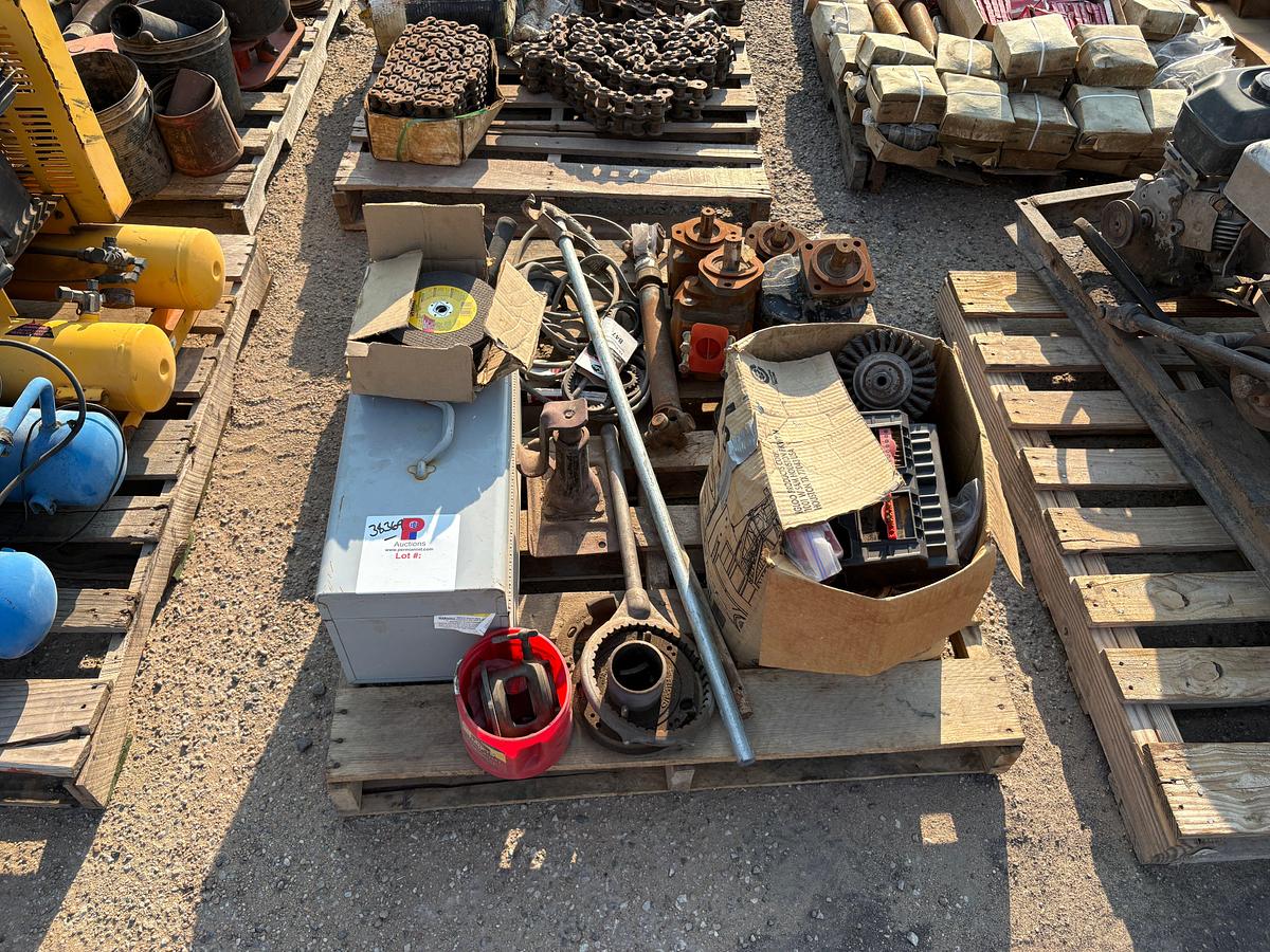 Used Pallet w/ assortment of wire wheels, grinding & cutting wheels, (5) hydraulic motors, toolbox, etc