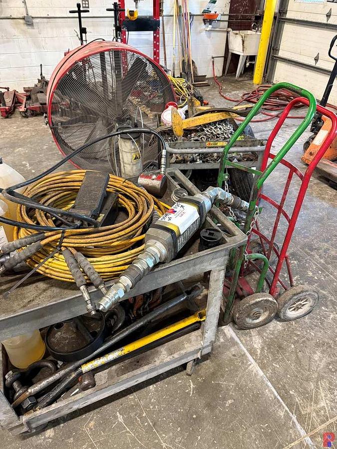 Used LOT W/ (2) ROLLING PARTS CARTS, (2) DOLLIES, HEADLAND METER, PORT A POWER FOOT PUMP, & HOSE,, PNEUM. FLUID PUMP, 42” SHOP FAN