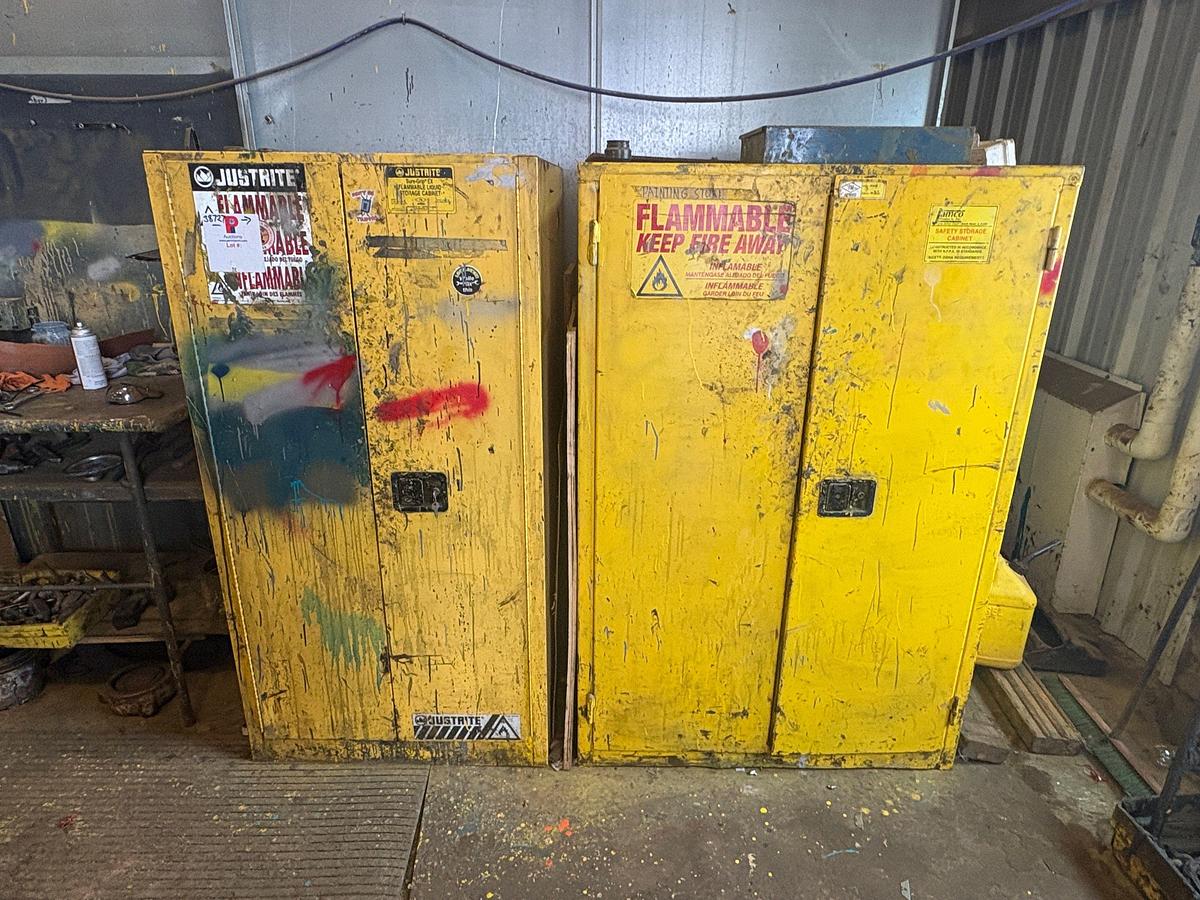 Used 40” x 32” x 40” shop table & (2) paint storage cabinets w/ contents