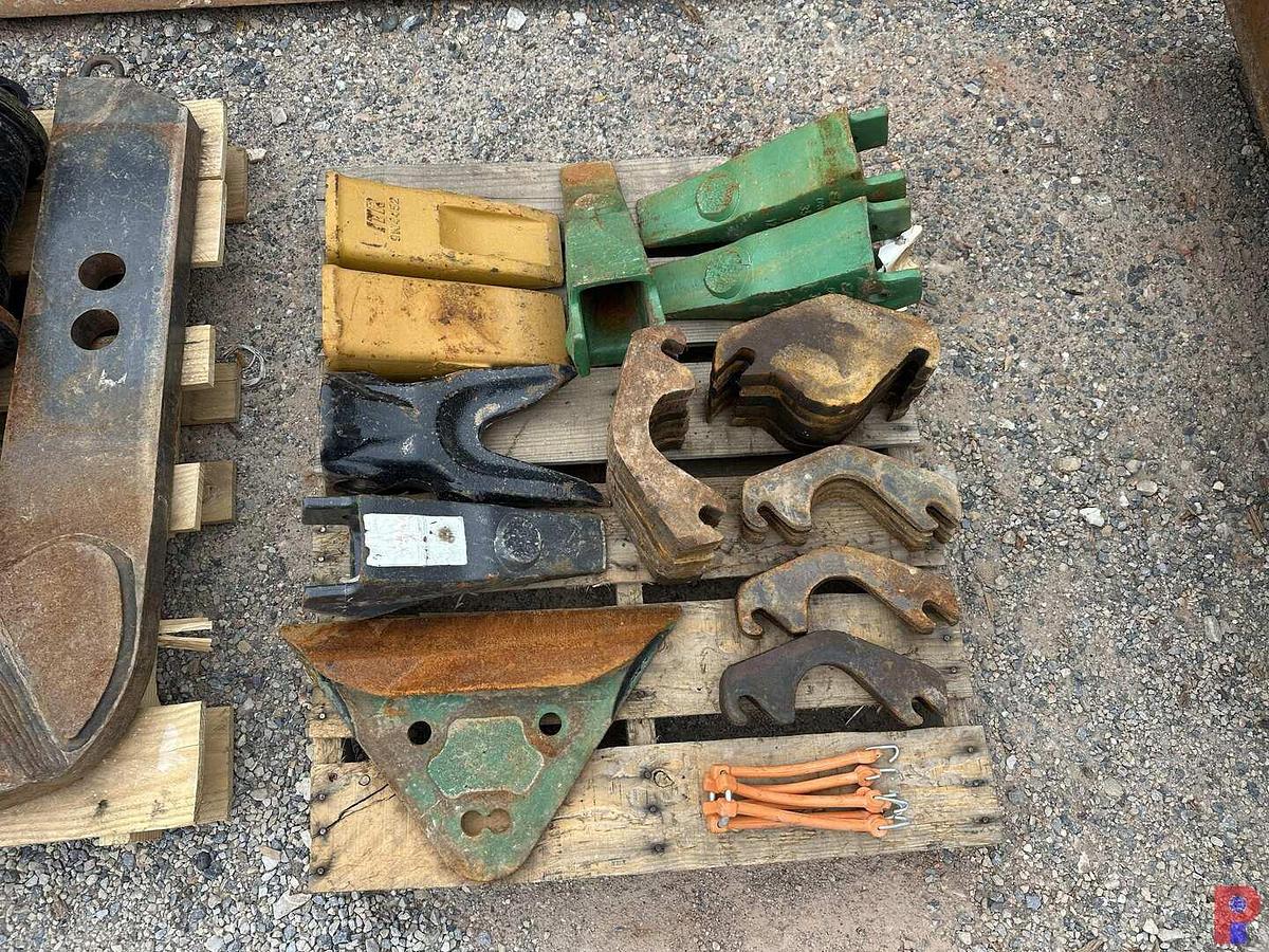 Used (3) PALLETS W/ ASSORTED BRAKETS, ROLLERS, PINS, TEETH, & RELATED WEAR PARTS FOR EXCAVATORS