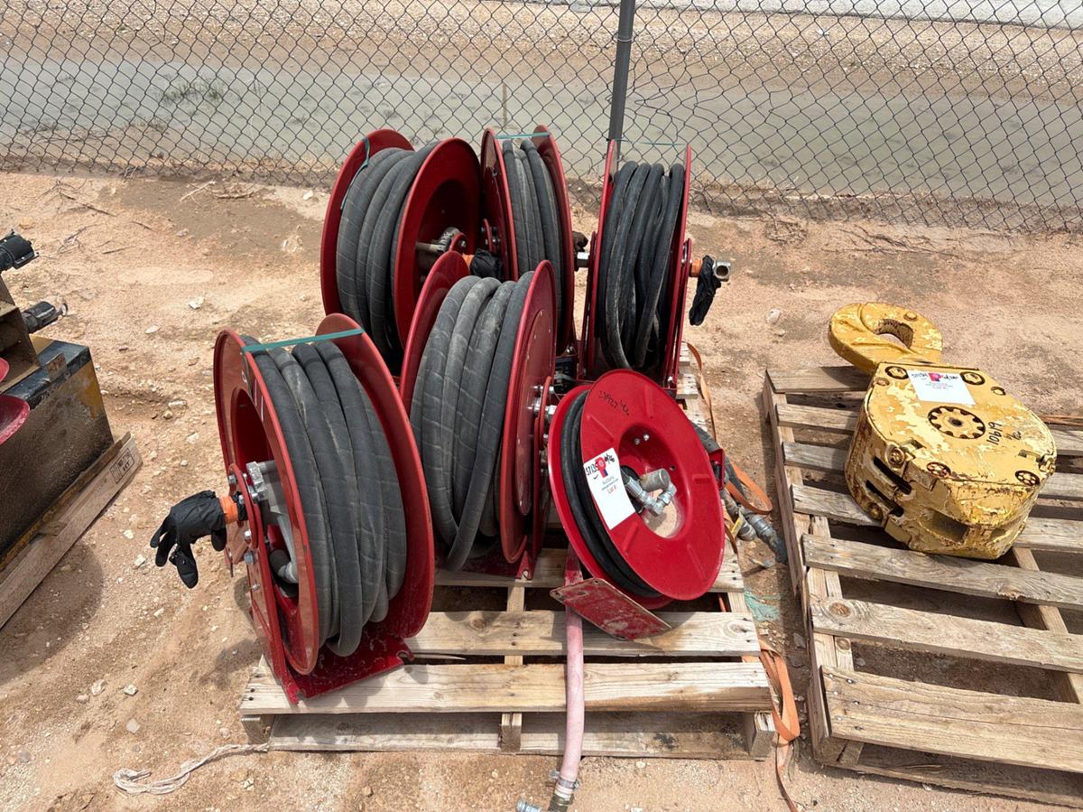 Used (2 pallets) w/ (10) assorted hose reels & parts for pneumatic lube skid