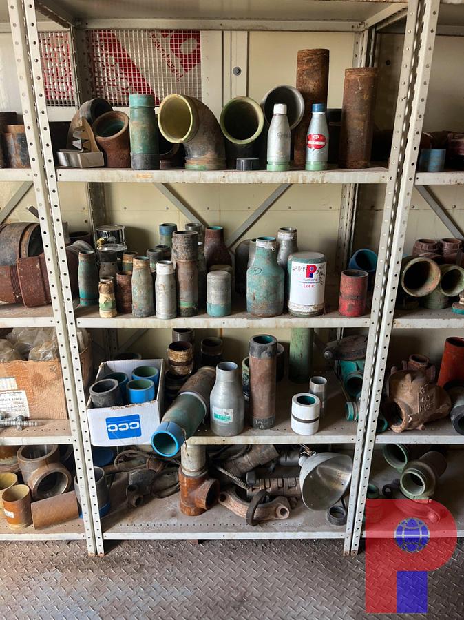 Used (3) SHELVES W/ ASSORTED PIPE SWAGES, FITTINGS, FLOAT VALVES, ETC.