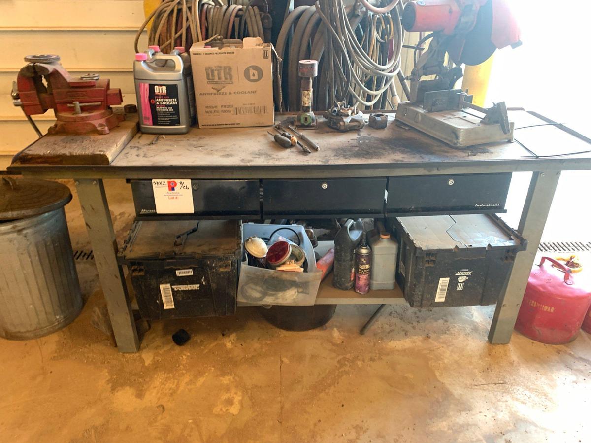 Used 7’ x 3’ x 2’ Shop Table w/ Wilton Vice and Milwaukee 12” Chop Saw and all its Contents