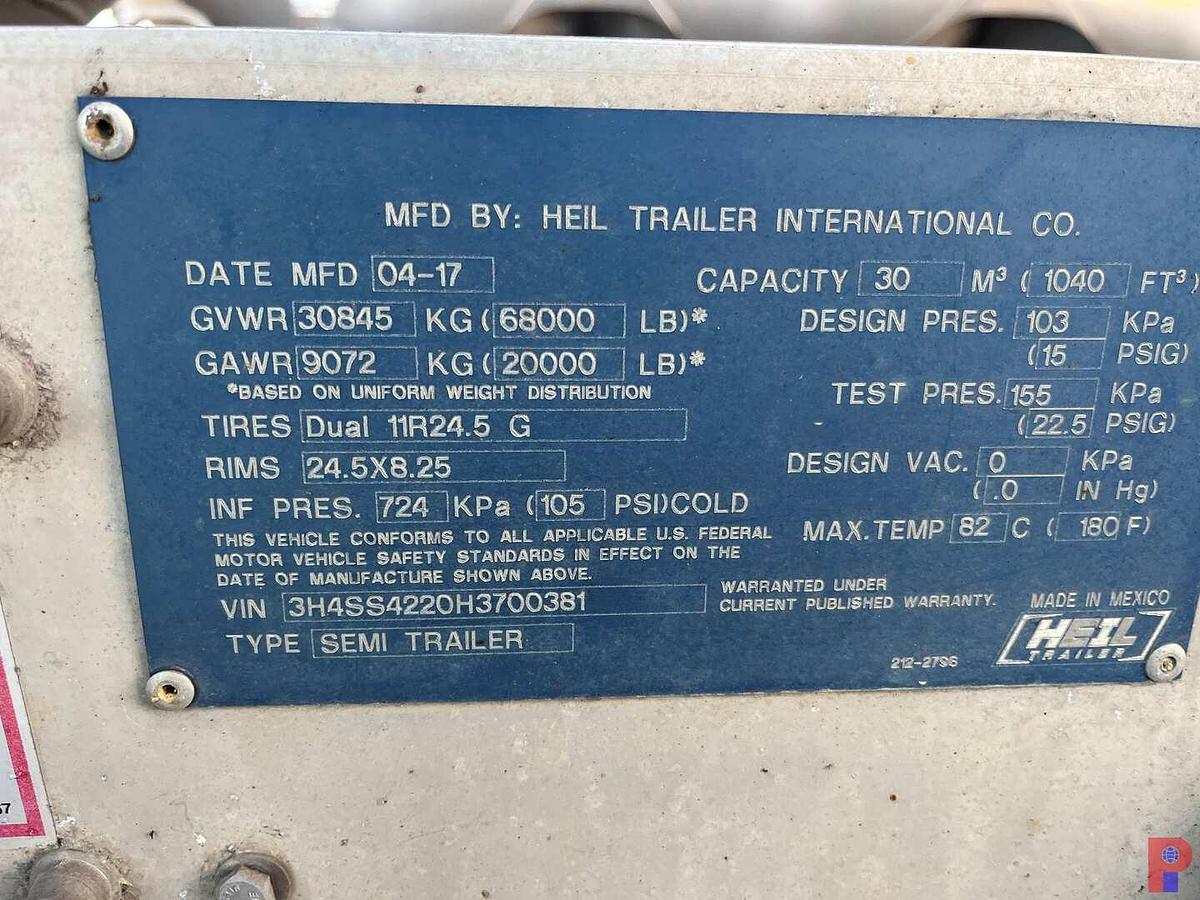 Used 2017 HEIL  1040 CU. FT T/A DRY BULK PNEUMATIC TRAILER