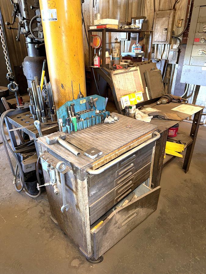 Used SECTION OF (4) TOOL RACK/ TABLES / ROLLING / CART W/ CONTENTS OF RADIAL ARM DRILL PRESS TOOLING & RELATED