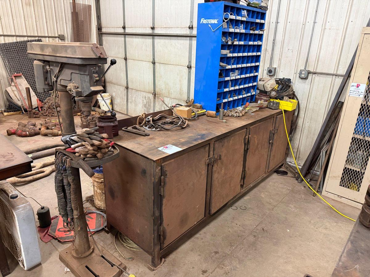 Used Heavy duty Work Bench, Drill Press & Bolt Bin w/ Contents
