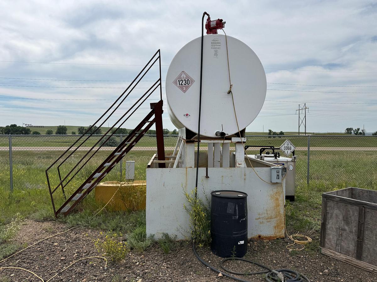 Used 2,000 GALLON FUEL TANK W/ 11’L x 8’W X 4’H CONTAINMENT SKID, PLATFORM, STAIRWAY, HOSE, NOZZLE, & PUMP