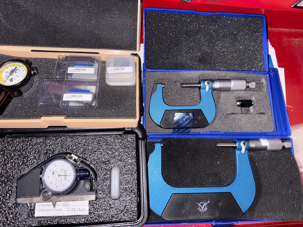 Used SECTION OF (6+) OD MICROMETERS , (7+) DEPTH GAUGES, GAUGE BLOCKS & ARMS, (4) DRAWER ROLLING TOOLBOX