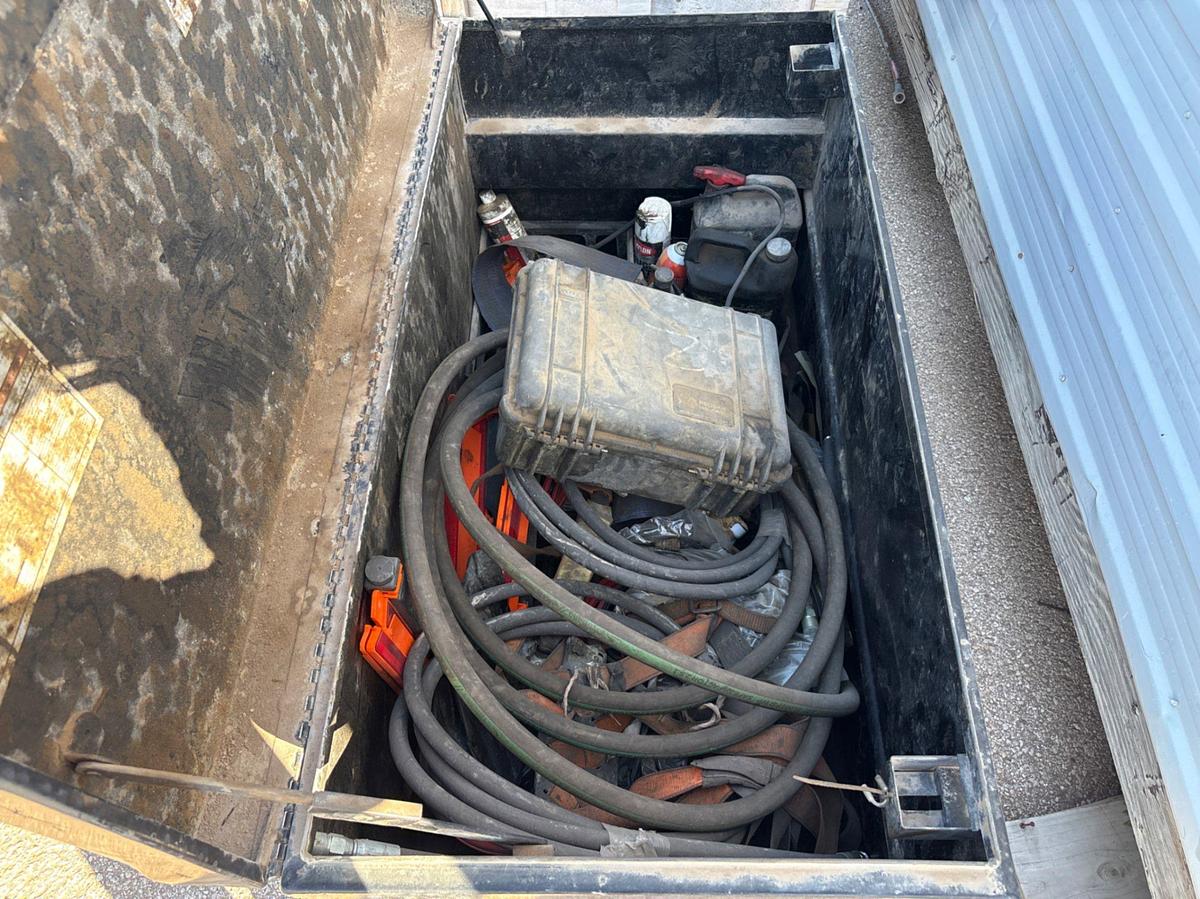 Used 4’ x 2’ x 2’ job box w/ contents & crate of assorted grease & hydraulic hoses