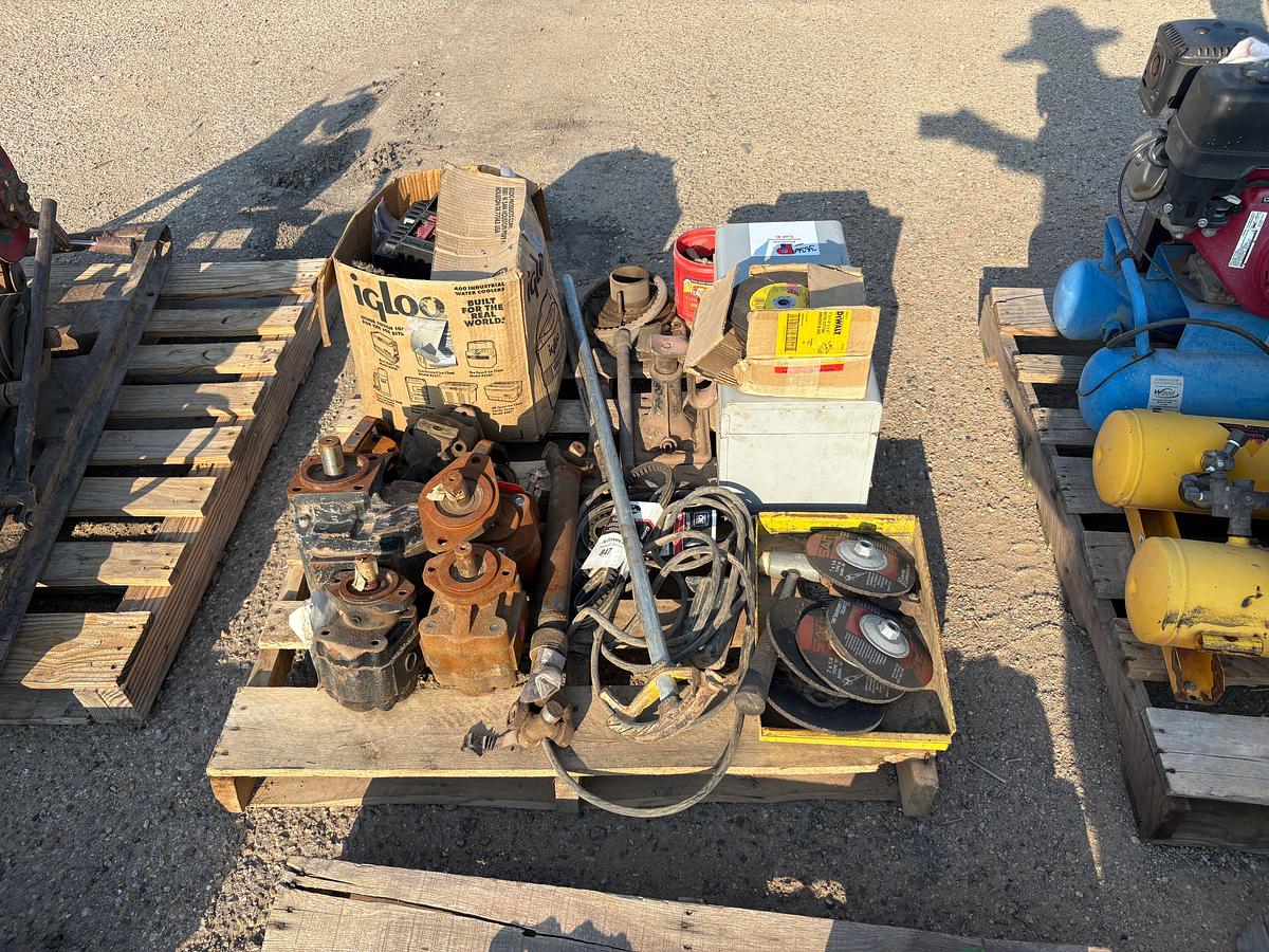 Used Pallet w/ assortment of wire wheels, grinding & cutting wheels, (5) hydraulic motors, toolbox, etc