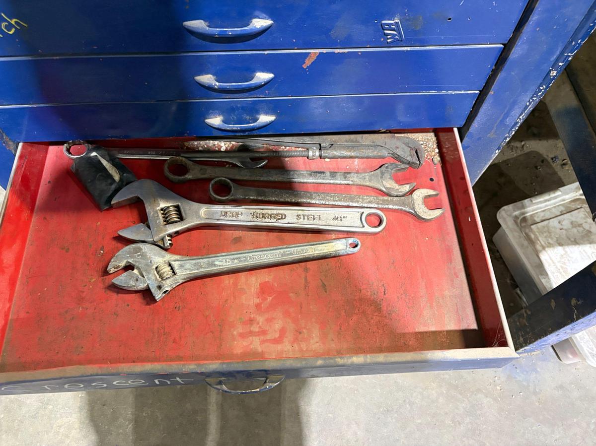 Used 34” x 18” x 60” tool box w/ contents