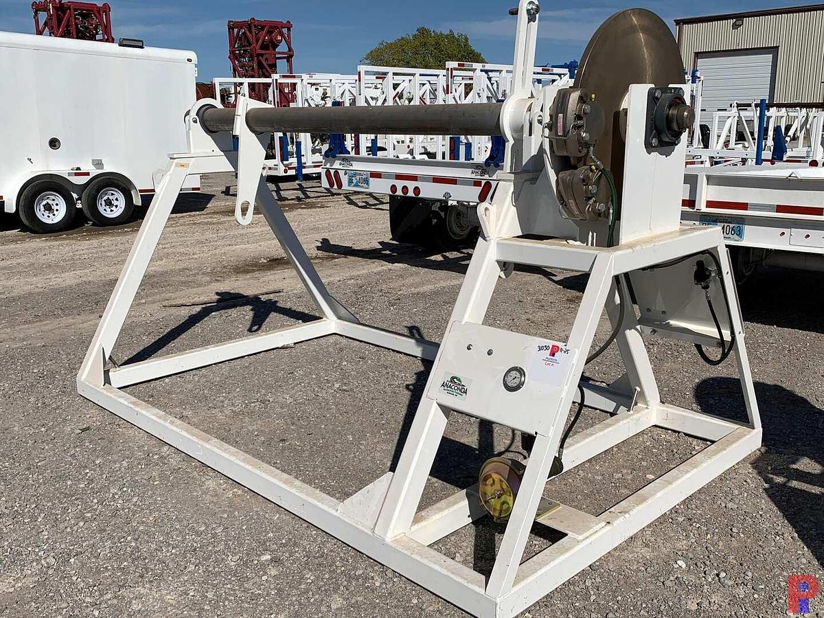 Used 94”W X 5’H REEL STAND W/ 28” DUAL CALIPER HYDRAULIC HAND BRAKE