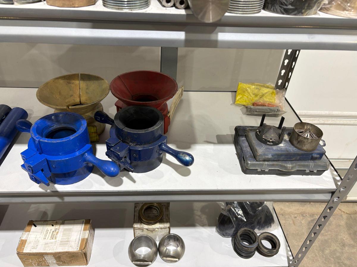 Used Shelving unit w/ (UNUSED) XK-90 & Logan swivel parts, stabbing guides, Kelly valve kits, guages, etc