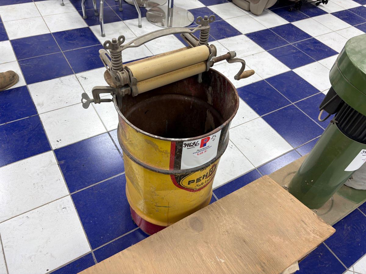 Used 6” electric bench grinder w/ buffer wheels & pennzoil barrel w/ wringer attachment