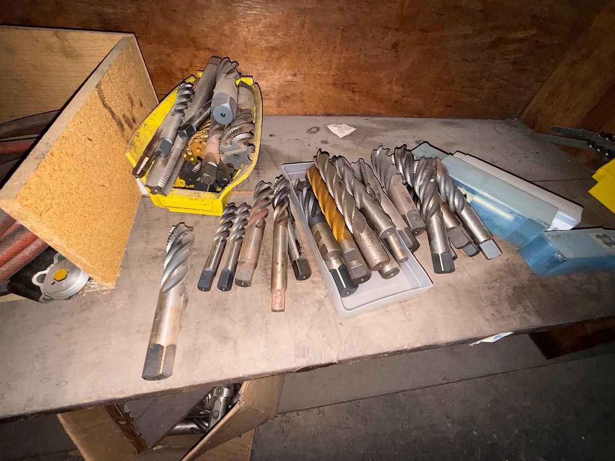 Used 16’x2’x4’ 3-ROW WOOD SHELF W/ CONTENTS OF TAPS, CHUCKS, CUTTING TOOLS, & RELATED