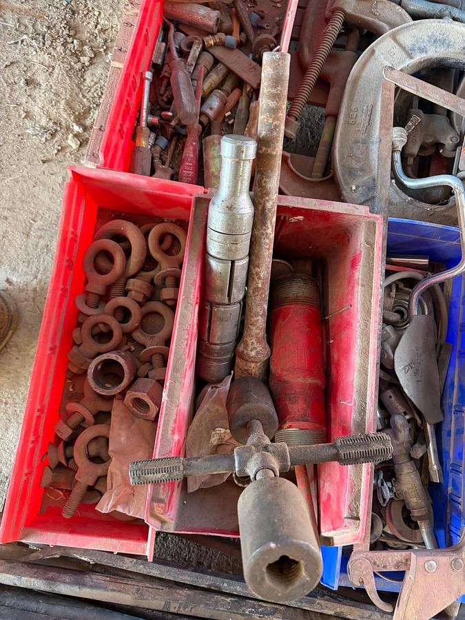Used (2) PALLETS W/ (4 SETS)-OBANNON ROD ELEVATORS, ALLEN WRENCHES, 50’ TAPE MEAS., SOCKETS, HAND TOOLS, C-CLAMPS