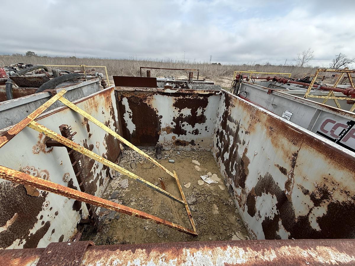 Used 15’ X 7’ X 5’ 3-COMP CEMENT MIXING TANK W/ AGITATORS, AIR VALVES CATWALK, PORCH,