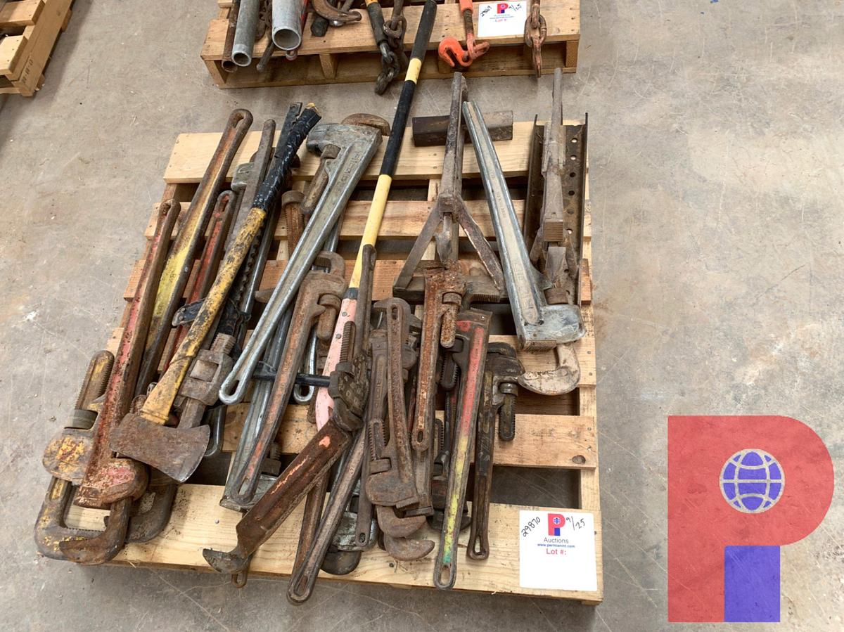 Used PALLET OF PIPE WRENCHES, (1) AXE, (1) SPADE