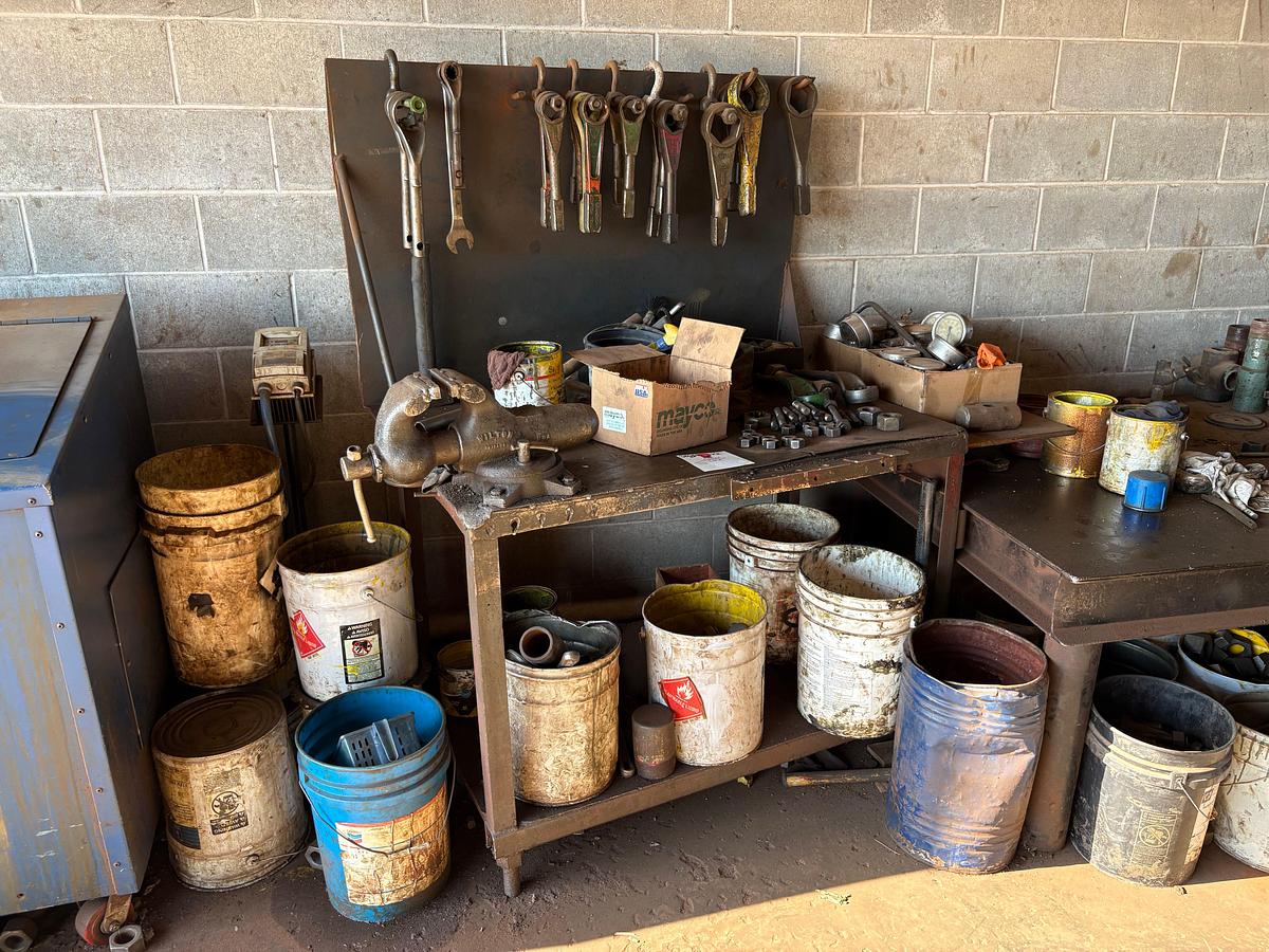 Used 8’ x 4’ x 2.5’ & 4’ x 2.5’ x 3’ metal shop tables w/ contents