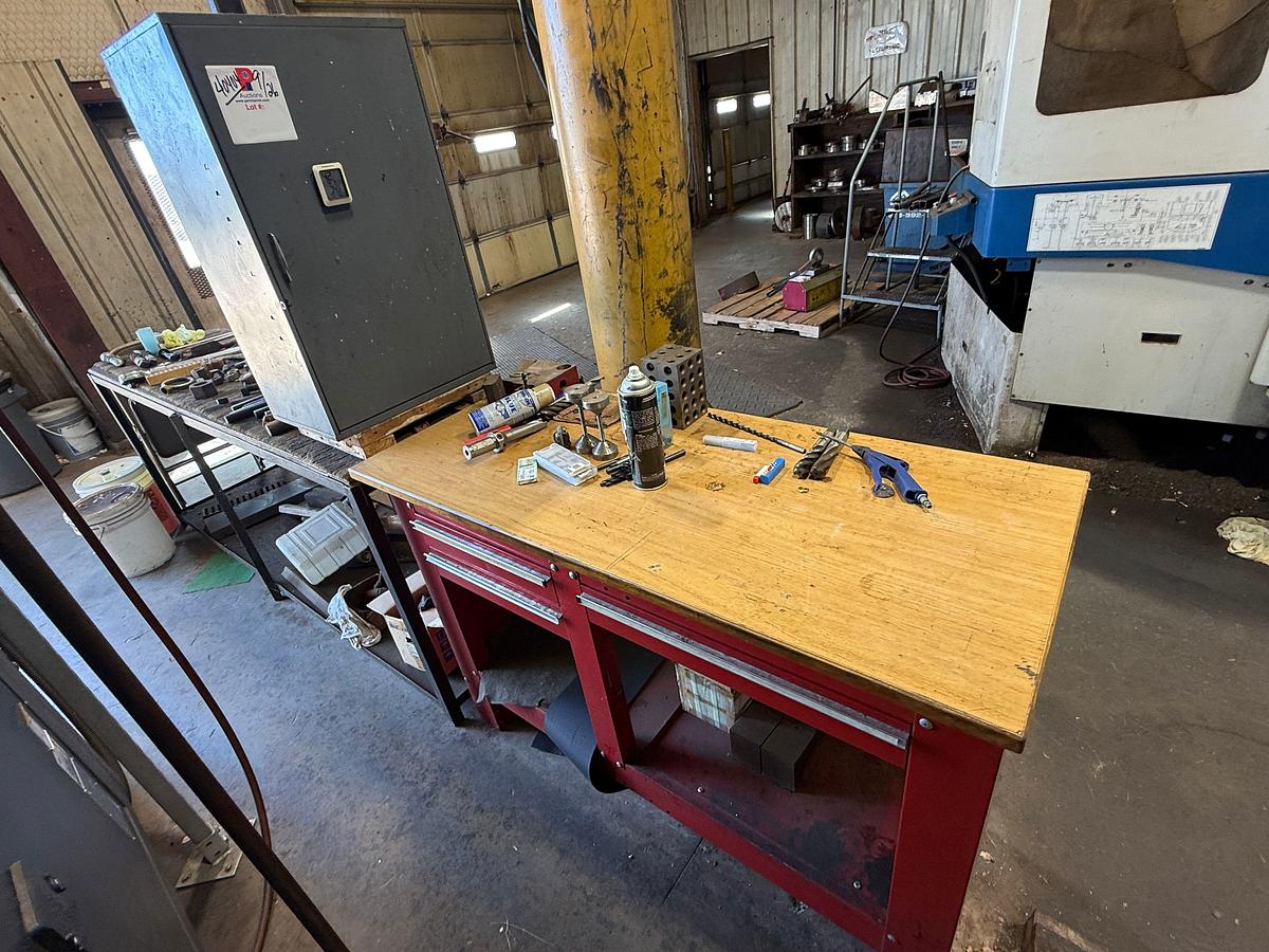 Used SECTION W/ (2) WORK BENCHES, SMALL METAL CABINET INCLUDING CONTENTS OF MACHINE CUTTING TOOLS, SOME HAND TOOLS, & RELATED