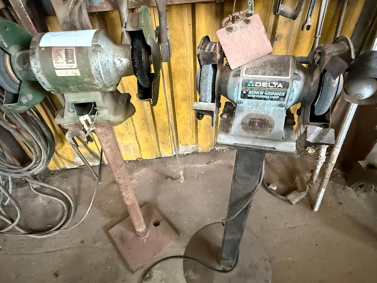 Used WALL SECTION W/ 8” & 6” ELETRIC BENCH GRINDER, WALL OF HAMMER WRENCHES & RELATED