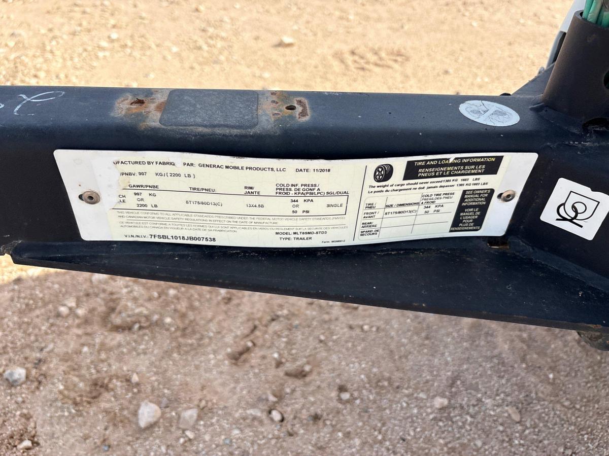 Used 2018 GENERAC MLT6SMD 6KW S/A BUMPER PULL LED LIGHT TOWER