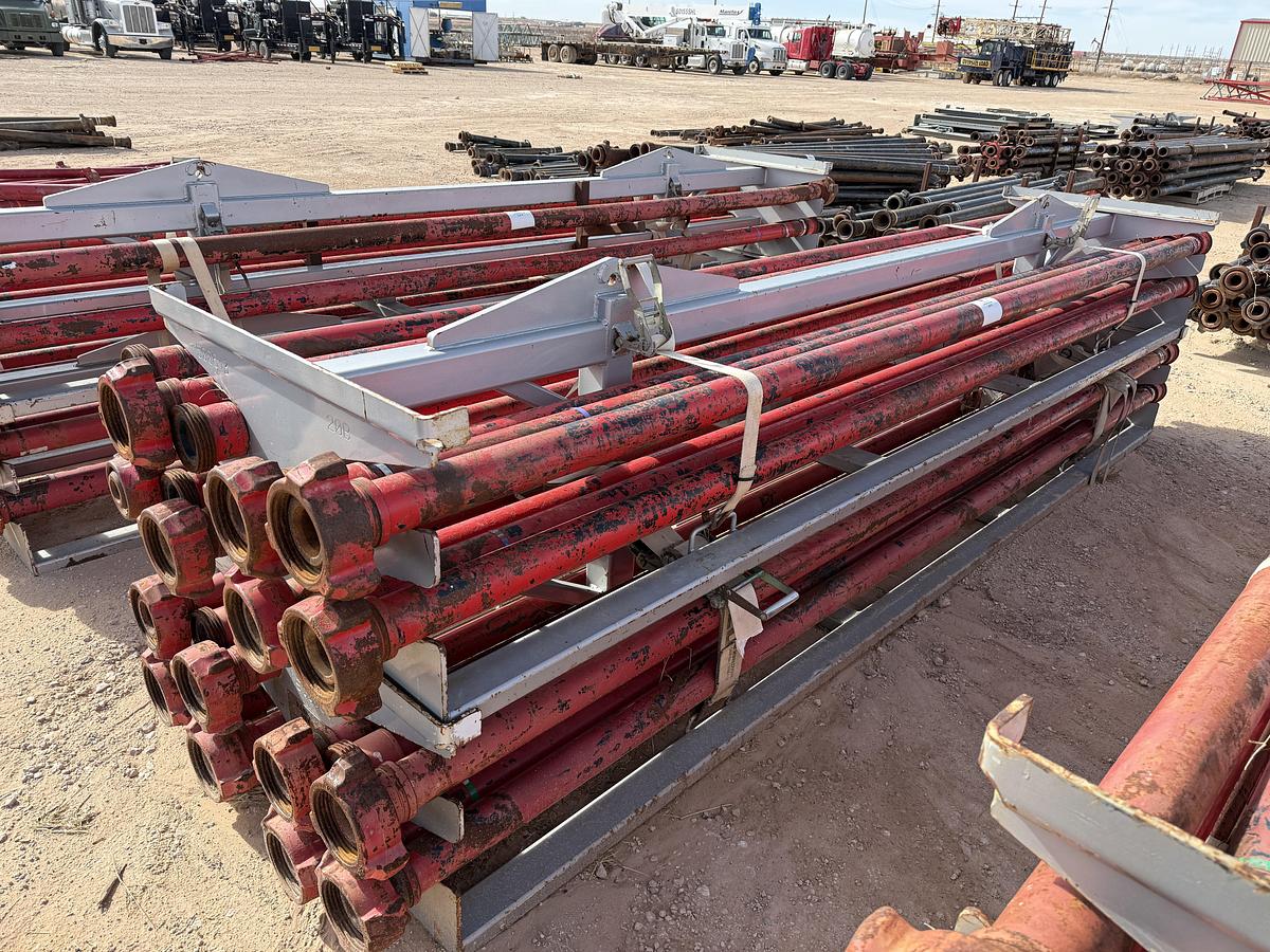 Used (24 X $) 3” X 15’L FIG 1502 15K WP FLOW IRON W/ (2) 2-TIER STACKABLE PIPE RACKS