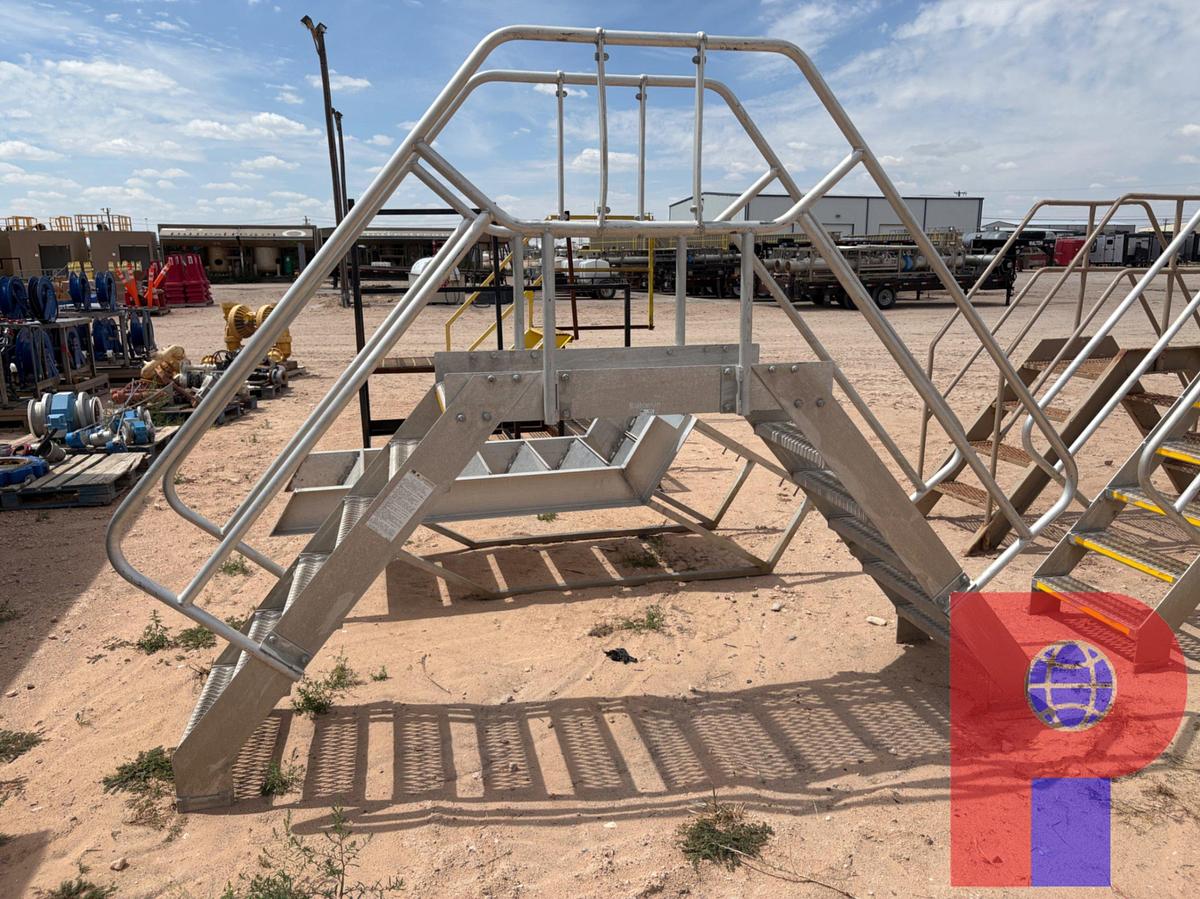 Used (1) 9’ X 4’ ALUMINUM CROSSOVER BRIDGE & (3) ASSORTED LADDERS/STAIRS