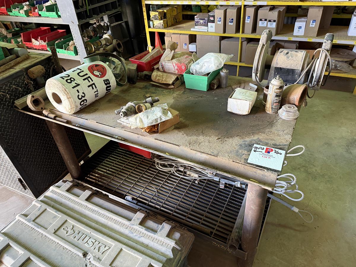 Used (1) 72”L X 24”W X 36”H METAL SHOP BUILT ROLLING TOOL CART & (1) 62”L X 32”W X 36”H METAL WORK BENCH TABLE W/ ELEC. 8” GRINDER