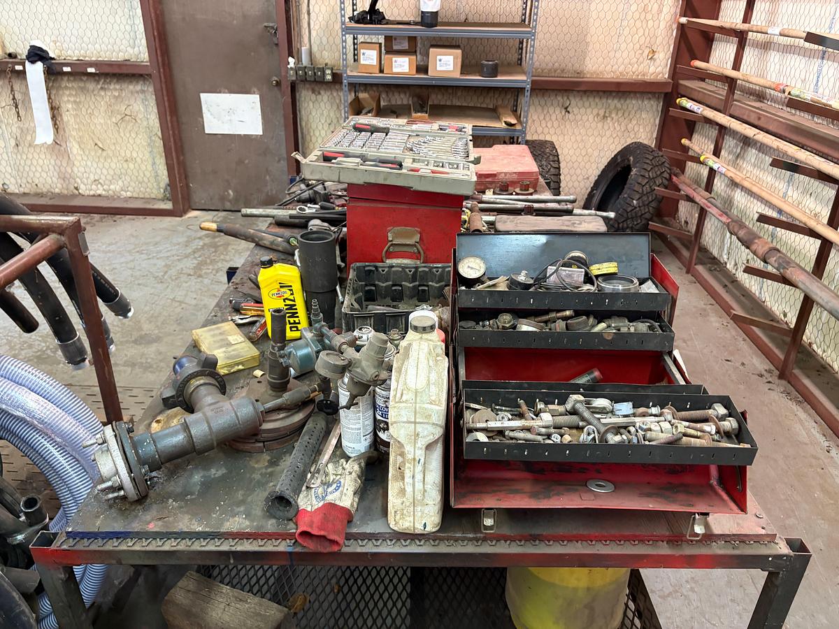Used 98” x 52” x 36” shop table w/ contents