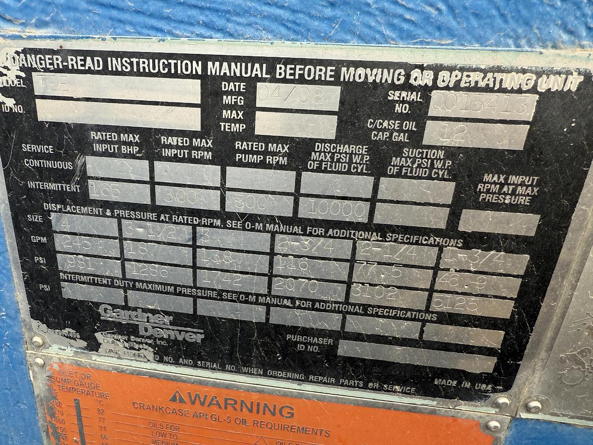 Used GARDNER DENVER TEE 5K WP TRIPLEX WELL SERVICE PUMP, SKIDDED