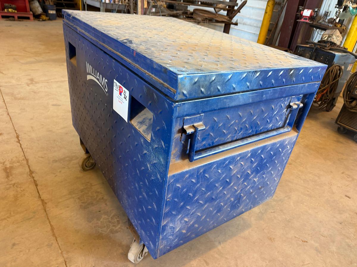Used WILLIAMS 4’ x 2.6’ x 2.4’ ROLLING TOOLBOX FULL OF VARIOUS TOOLS