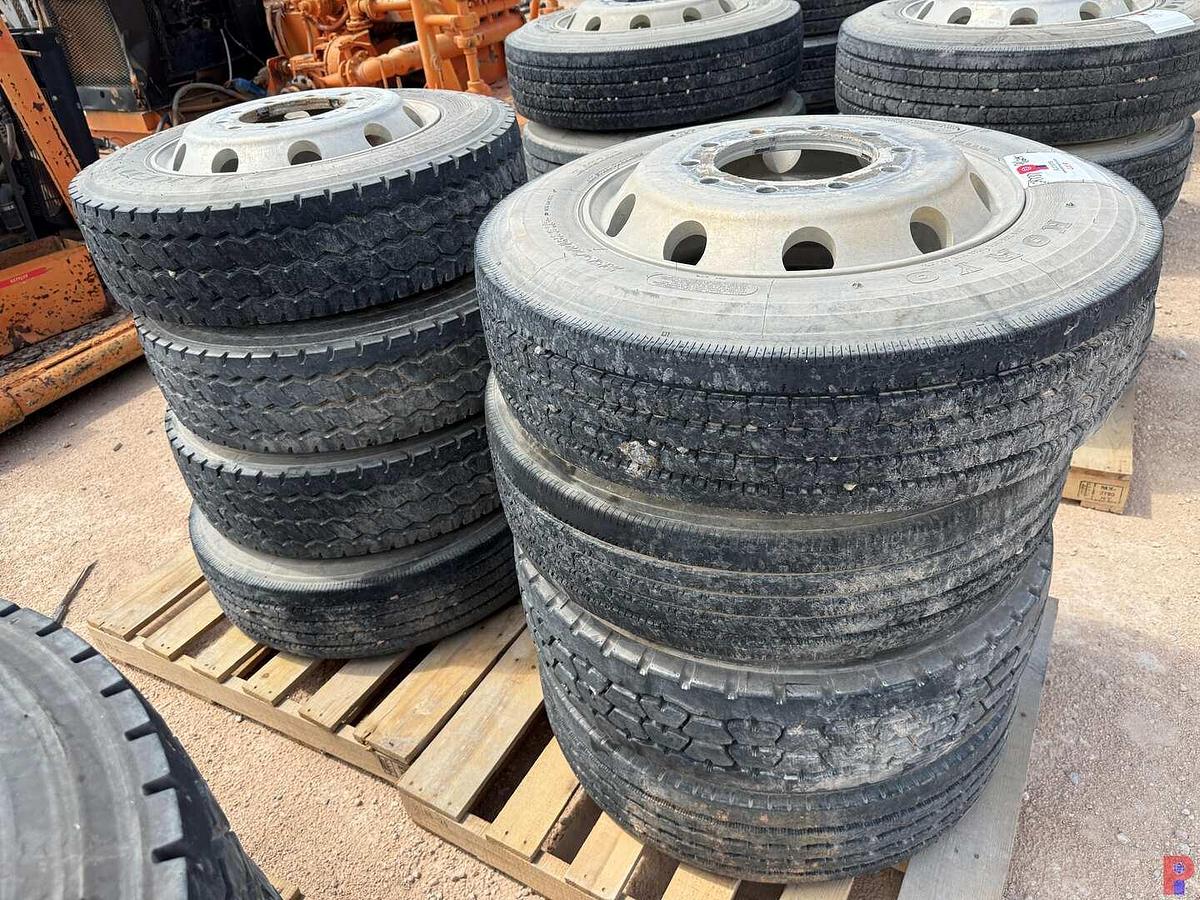 Used (8) 255/70R22.5 TIRES W/ ALUMINUM / STEEL PILOT WHEELS