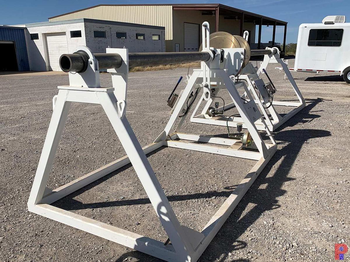 Used 94”W X 5’H REEL STAND W/ 28” DUAL CALIPER HYDRAULIC HAND BRAKE