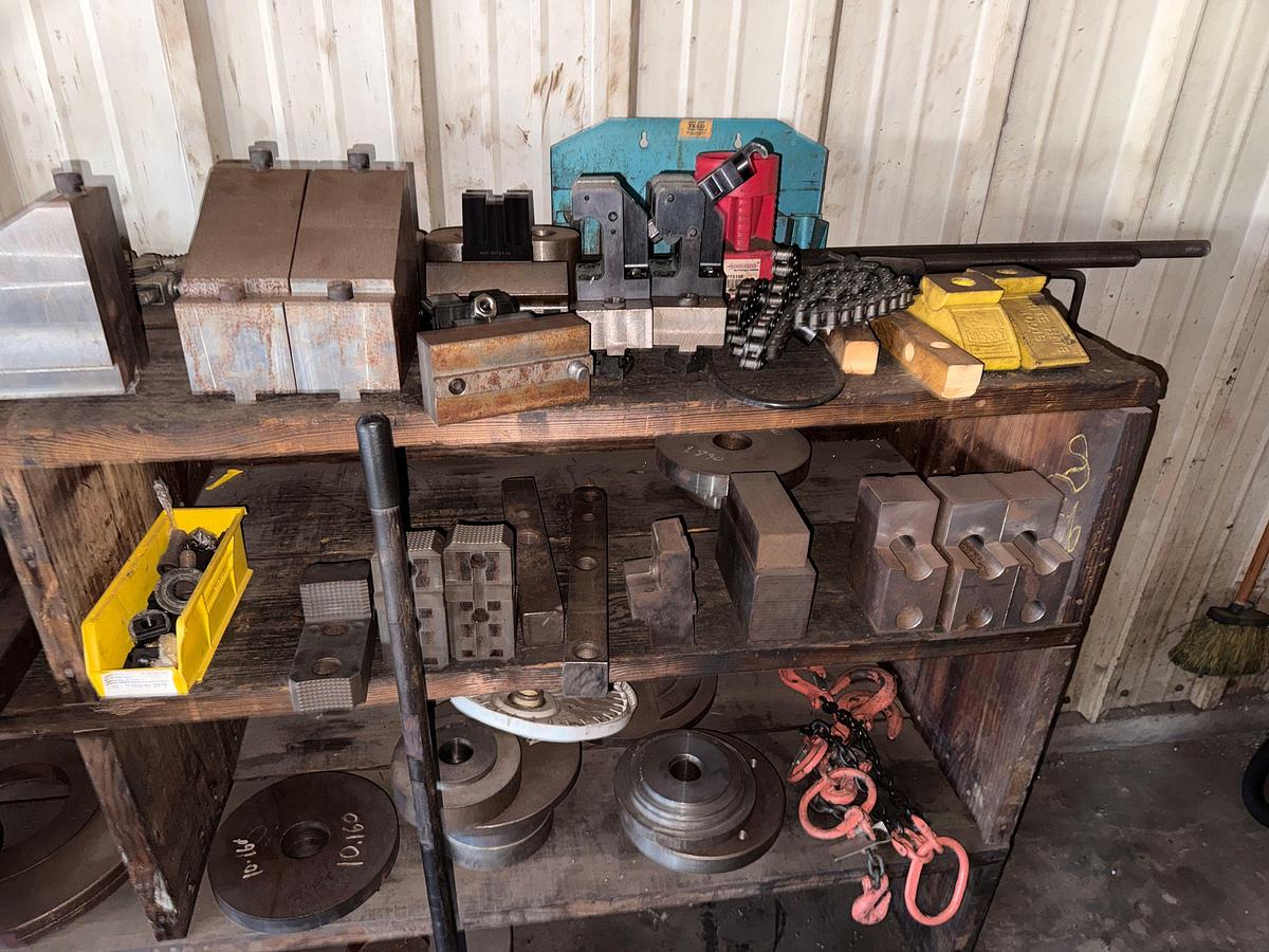 Used WALL W/ 3-ROW WOOD SHELF & CONTENTS OF MILLING MACHINE FIXTURES, ADAPTERS, & RELATED