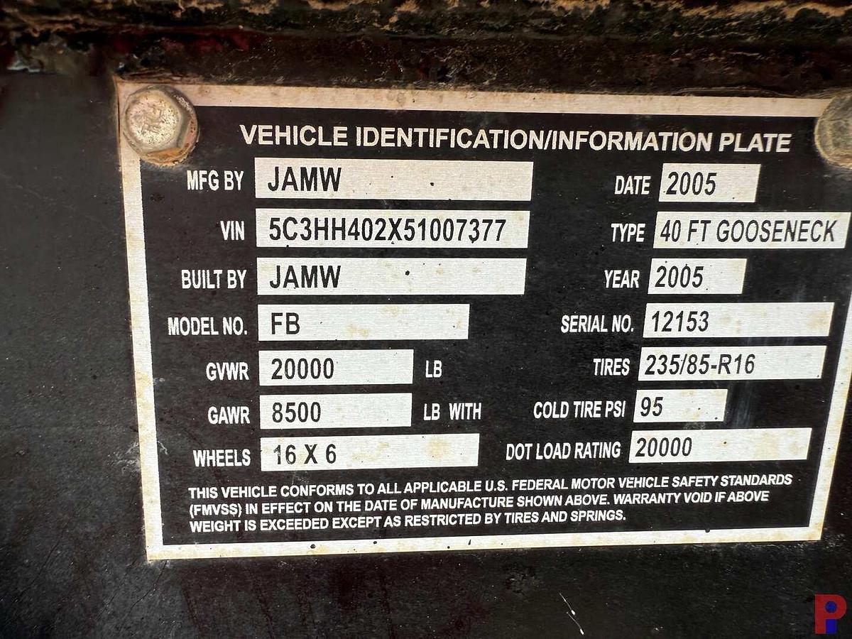 Used 2005 JAMIES WELDING 40’ X 102” T/A DUAL WHL. FLATBED GOOSENECK TRAILER