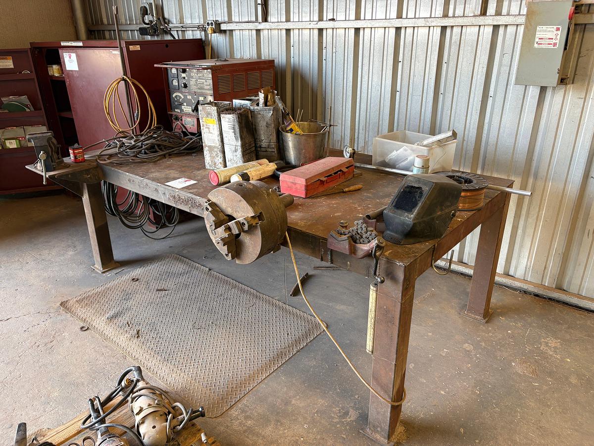 Used 8’ x 4’ x 33” metal shop table w/ contents