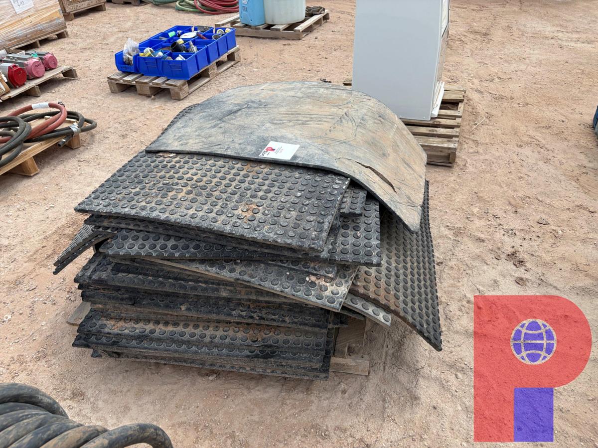 Used PALLET OF (30) APPROX 4’ X 3’ RUBBER MATS &!ELECTRIC CABLE W/ RACK