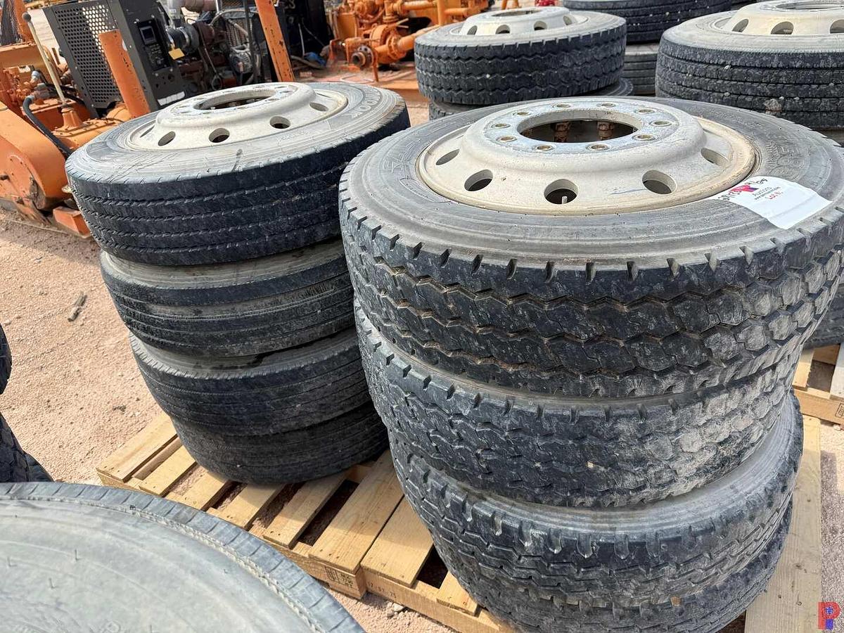 Used (8) 255/70R22.5 TIRES W/ ALUMINUM / STEEL BUD WHEELS