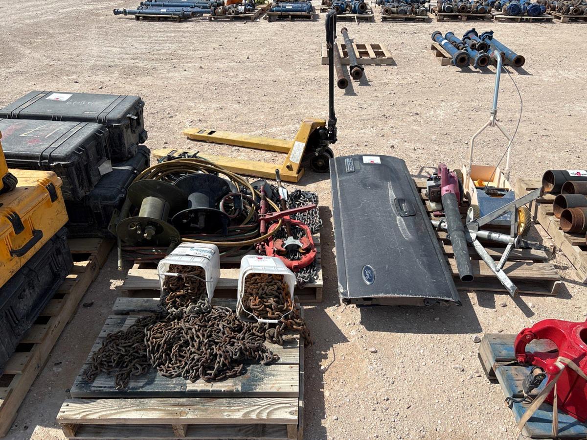 Used (3 pallets) w/ assorted chains, oxygen/acetylene hoses, F-250 super duty tailgate, leaf blower, pallet jack, etc