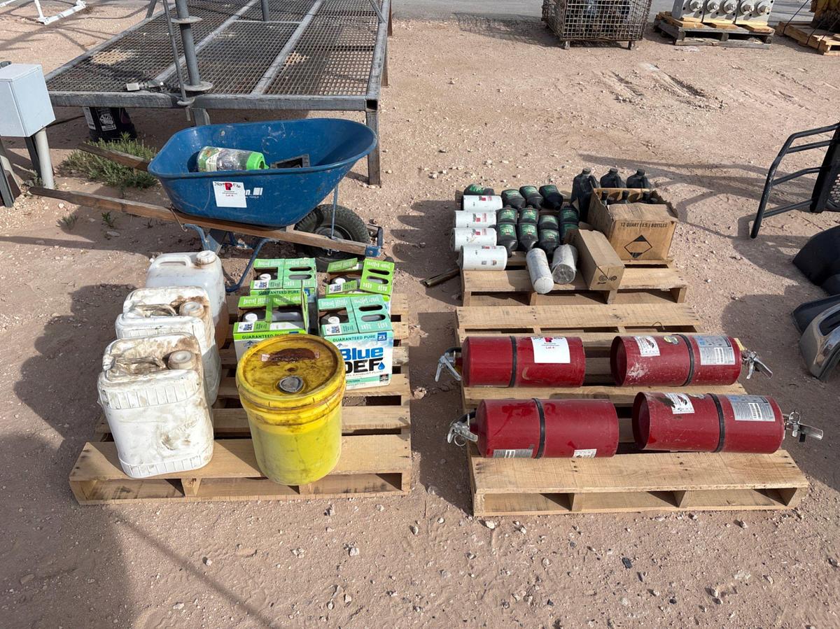 Used (3 pallets) w/ fire extinguishers, blue DEF, air brake anti freeze, wheel barrow, etc.