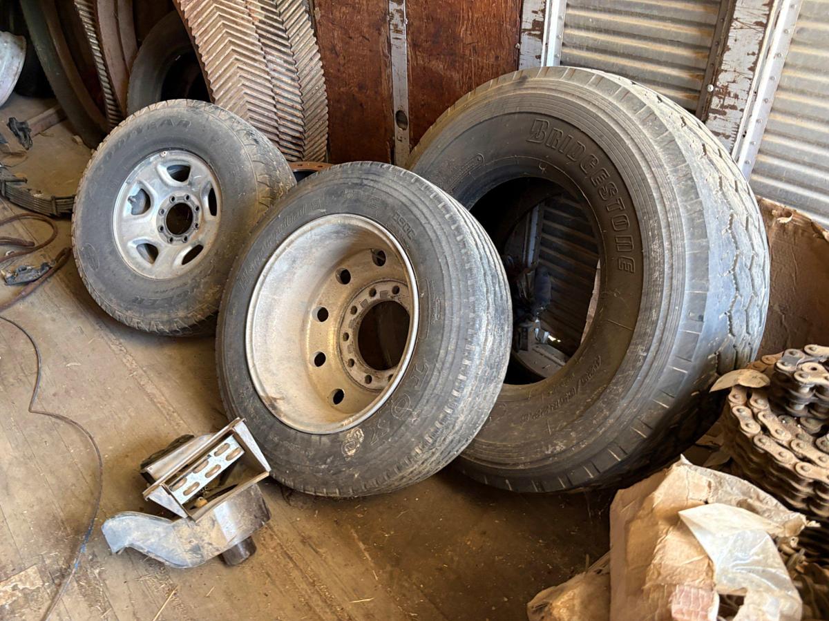 Used Pallet of rex-22 triple, double, & single roller chain w/ assorted truck parts, wheels & tires